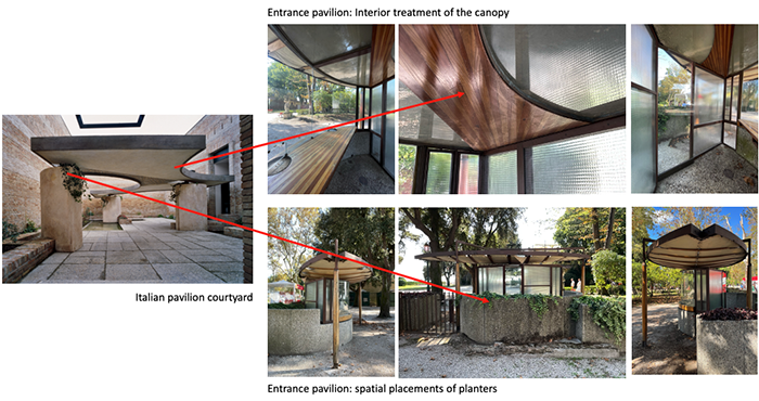 Image 5: lineage between Italian pavilion and entrance pavilion; geometrical form of the canopy and recessed planters